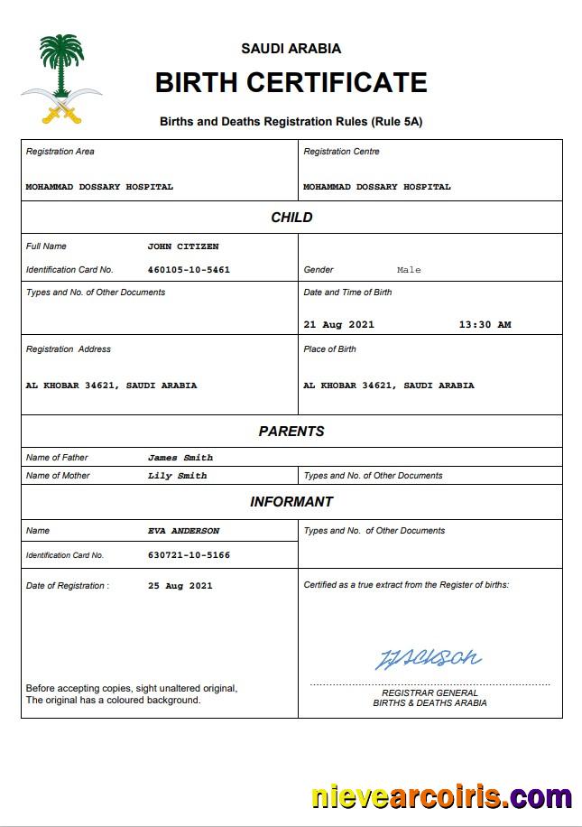 Saudi Arabia birth certificate